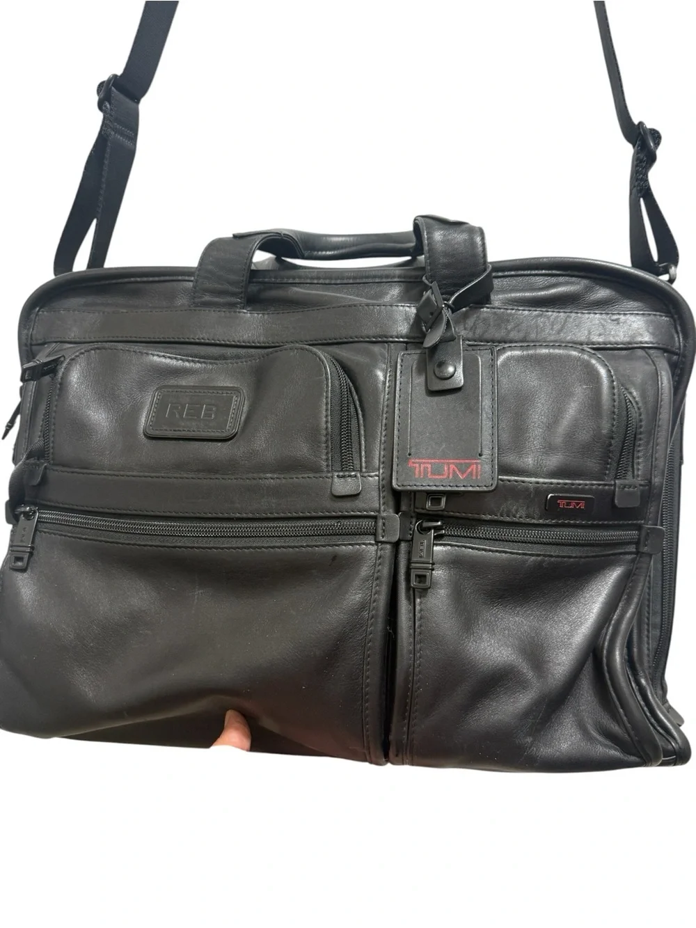 Tumi Black Leather Laptop Briefcase with Shoulder Strap
